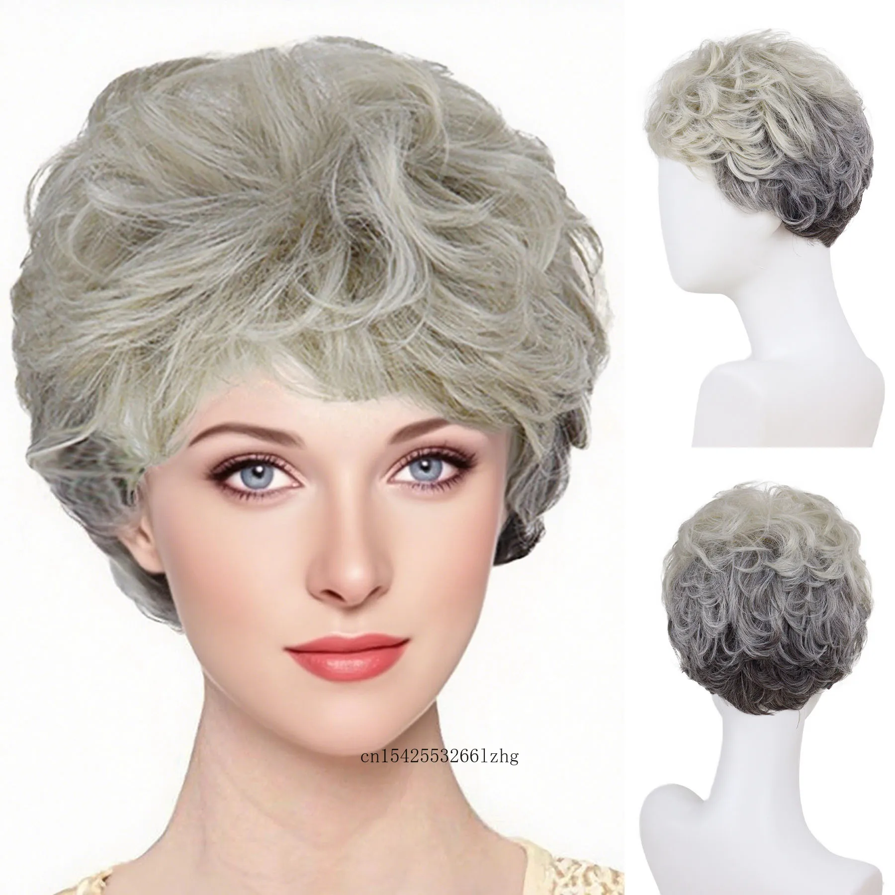 

Women's Grey Wig Synthetic Natural Layered Haircut Short Curly Ombre Wig with Bangs Elderly Ladies Grandmother Wig Daily Cosplay
