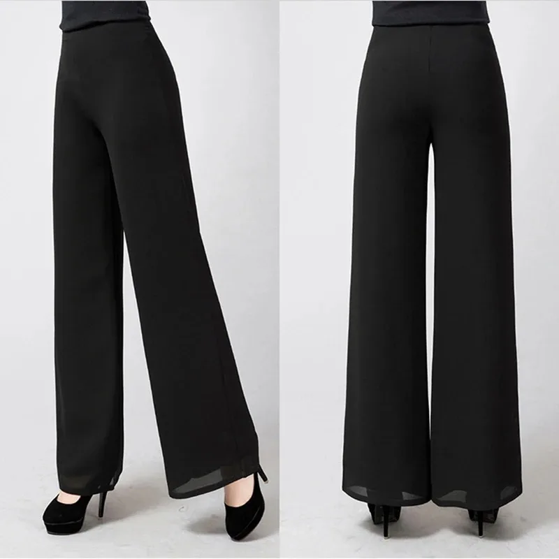 Women Ladies Summer Loose High Waist Long Trousers Chiffon Side Split Casual Palazzo Pants Spring Wide Leg Pants 6XL M775