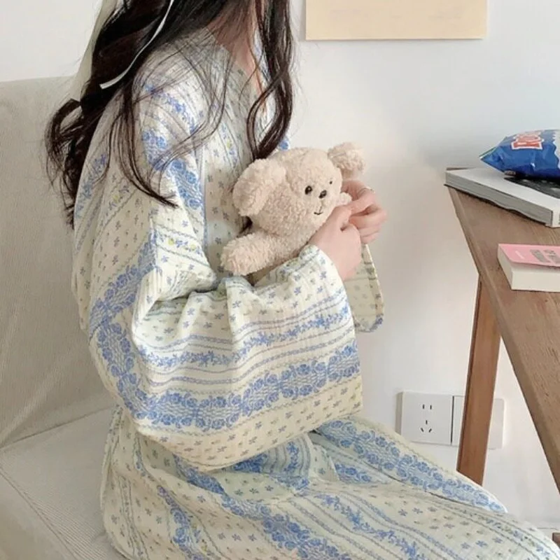 Sweet, Fresh, And Retro Striped Floral Nightgown and Pajamas for Women: Long-Sleeve Bathrobe and Loungewear for Spring and Fall image 4