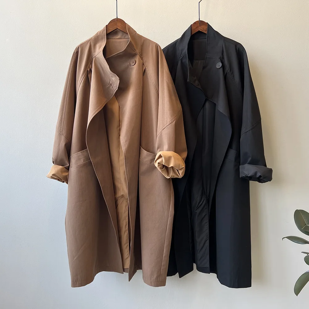 Trench coat longo com gola virada para baixo e botão único para mulheres outono casaco solto