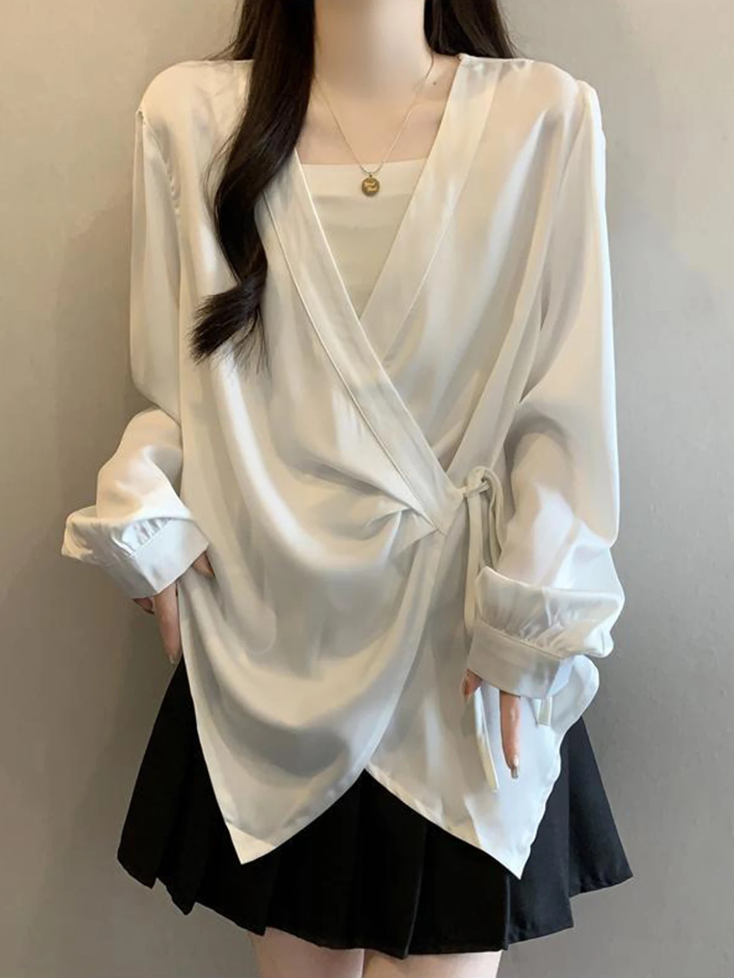

Ele V-Ne Cross Tie Silk irt Women's plus Size Spring Loose Fit Cover up Slimming Long Top Commute Sle Korean Version