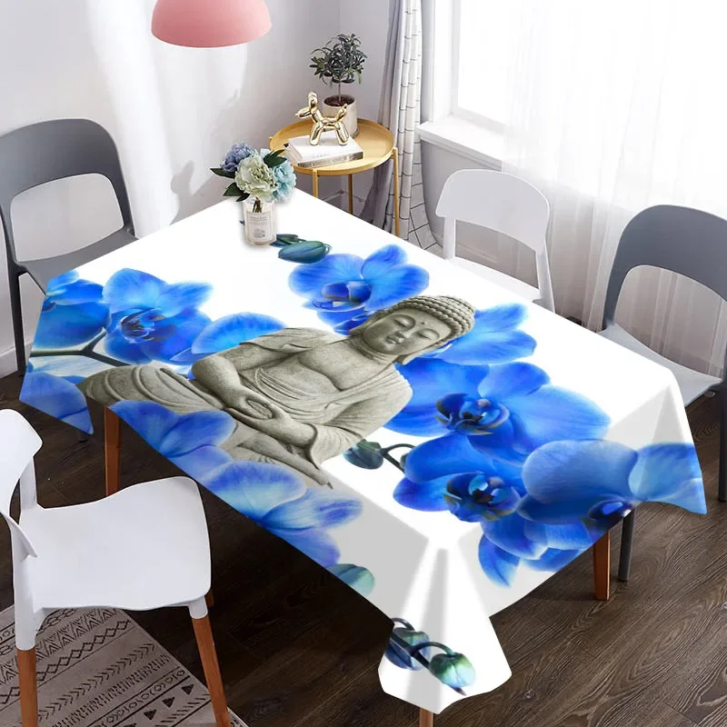 Buddha Statue Tablecloth Waterproof Blue Sky Meditation Dining Table Cover for Home Decor