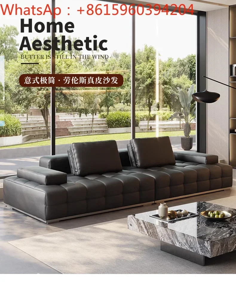 Italian minimalist leather sofa living room straight row large flat-floor villa module combination sofa