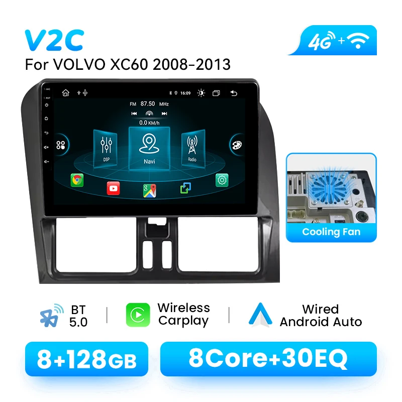 Draadloze CarPlay Android 15 autoradio voor Volvo XC60 2008-2018 1280*720 IPS GPS DSP AI spraakbesturing multimediaspeler