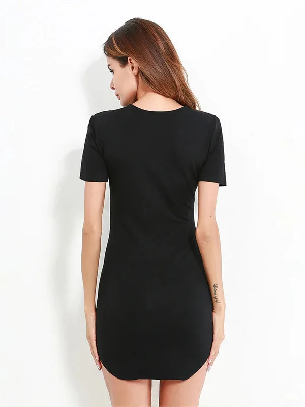 الصيف النساء فساتين قصيرة الأكمام السيدات بلون س الرقبة Bodycon تمتد سليم فستان قصير Vestidos تي شيرت فستان 57P0