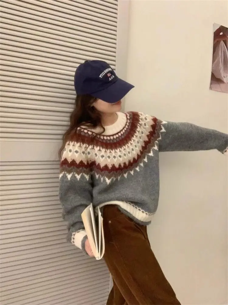 

Осень-зима 20252, новый женский свитер с круглым вырезом, свободный модный пуловер в тон, вязаный свитер