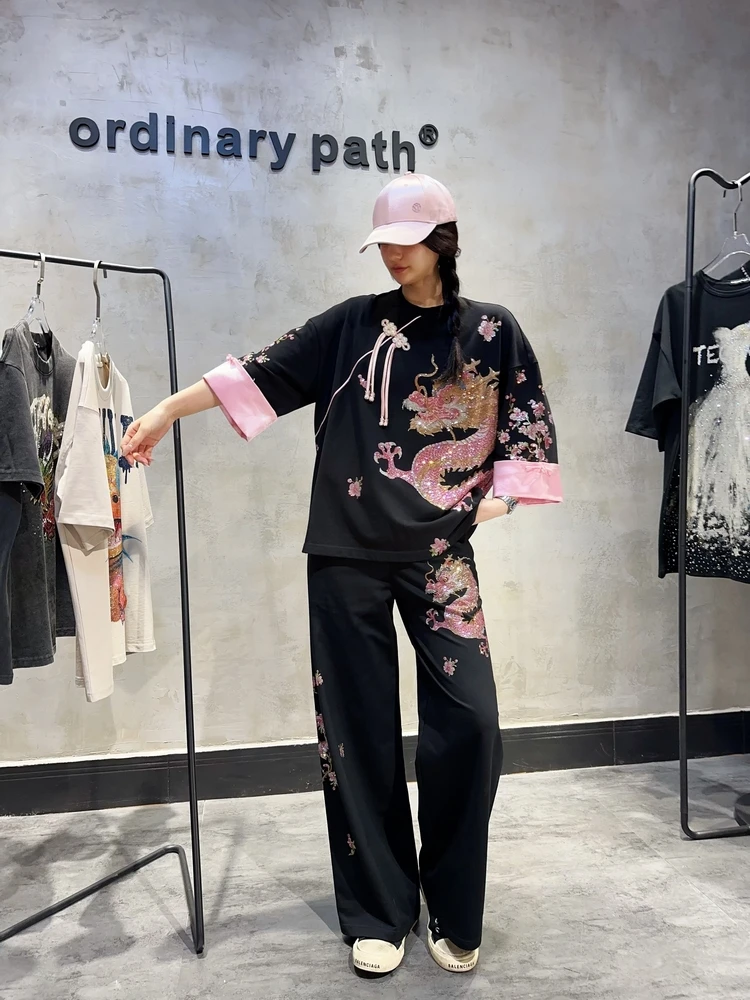 Luxury Chinese Wind Dragon Hot Drilling Frog Loose 3/4 Sleeve Loose T-shirt Pullover Top + Casual Wide Leg Straight Pants Suits