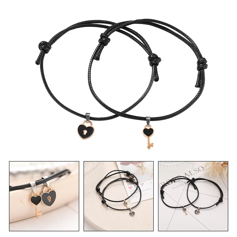 

8Pcs Trendy Heart Lock Bracelets for Girls Adjustable Alloy Wrist Jewelry Couple Set Black Fashion Women Accessory