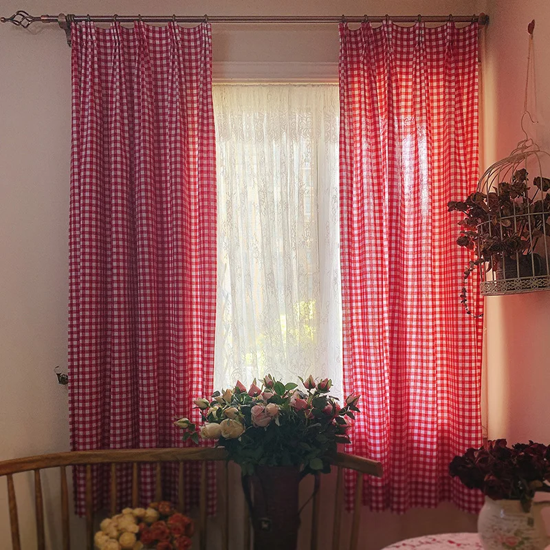 

Countryside Grid Korean American Pleated Non Perforated Hook Curtains, Living Room Balcony Floating Curtains