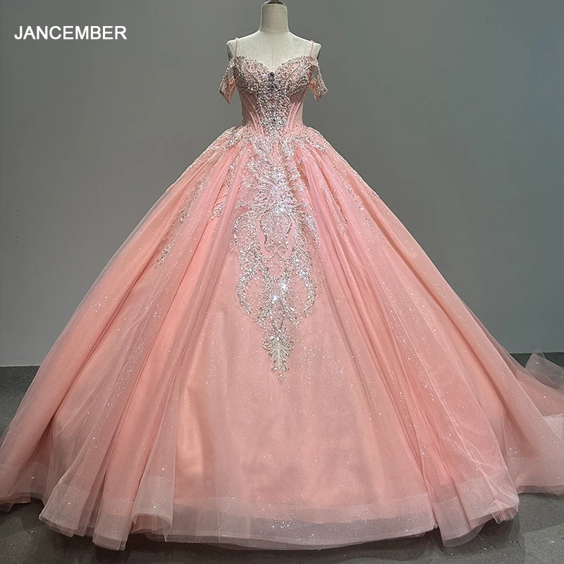 Customized Beaded Pink Floral Ball Gown Wedding Dress Quinceanera Sweet 16 Dresses Lsmc11