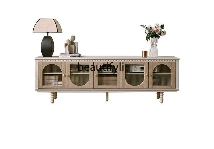 French Cream Style Solid Wood TV Cabinet Floor Small Apartment Living Room Home Furniture American Retro Storage Cabinet