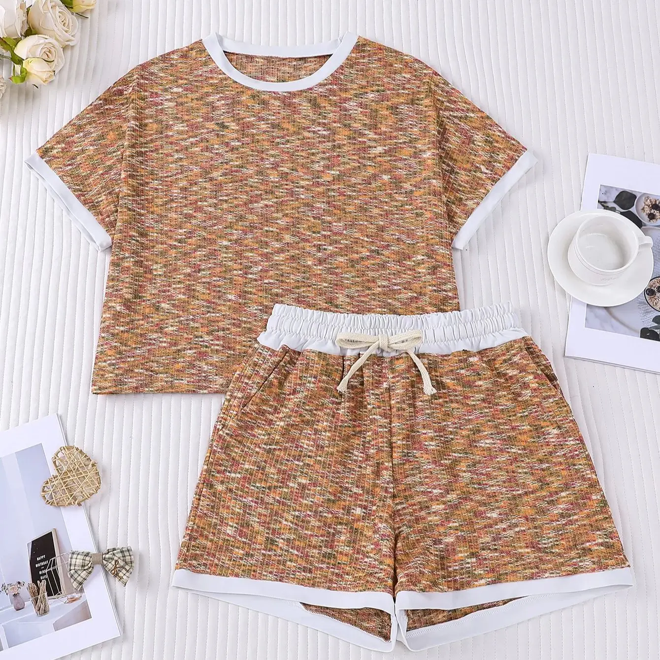 

Women's Summer Pajama Set Heathered Print Waffle Knit Crewneck Short Sleeve Top Elastic Waist Shorts Soft Home Sleepwear