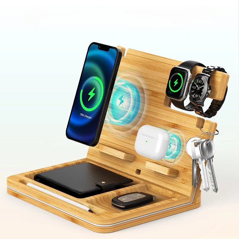 Bamboo Phone Stand, Desktop Base, Wireless Charging Station, Storage Tool, High End Gift, New, 6 in 1