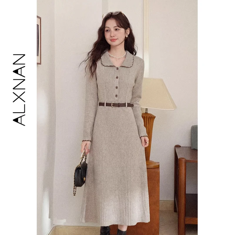 

ALXNAN Women's Long Dress Oatmeal Long Sleeve Knit Midi Dress Elegant 2026 Spring New Female Clothing Party Dresses DYL662187