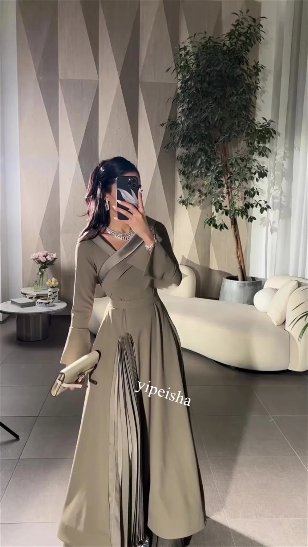 Customized Prom Jersey Draped Graduation A-line V-neck Bespoke Occasion Gown Long es Saudi Arabia Evening
