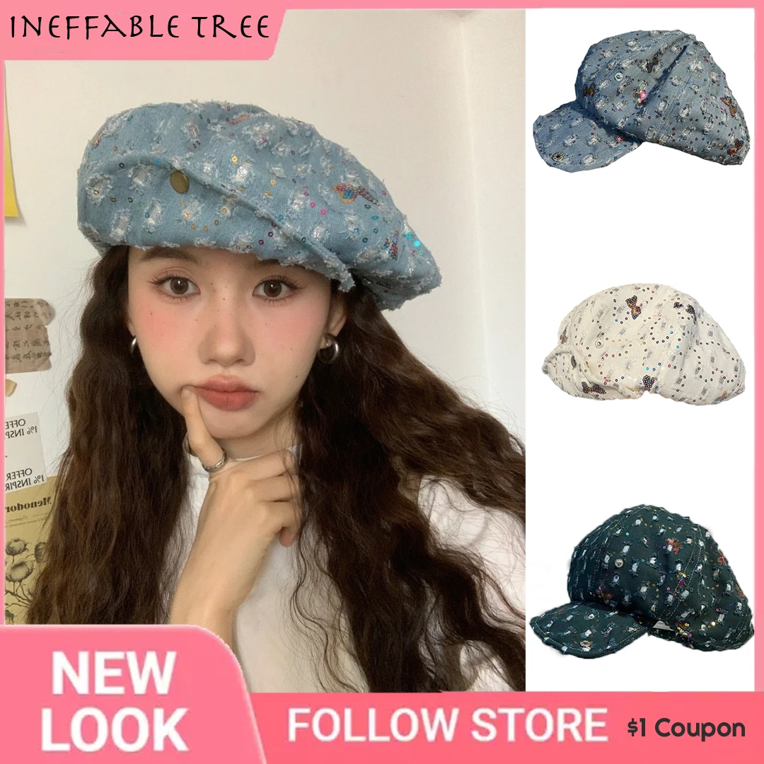 

Y2K Oversize Spring Summer Beret Hats for Women Sequins Butterfly Cloud Mushroom Caps Octagonal Painter Gorras Invierno Mujer