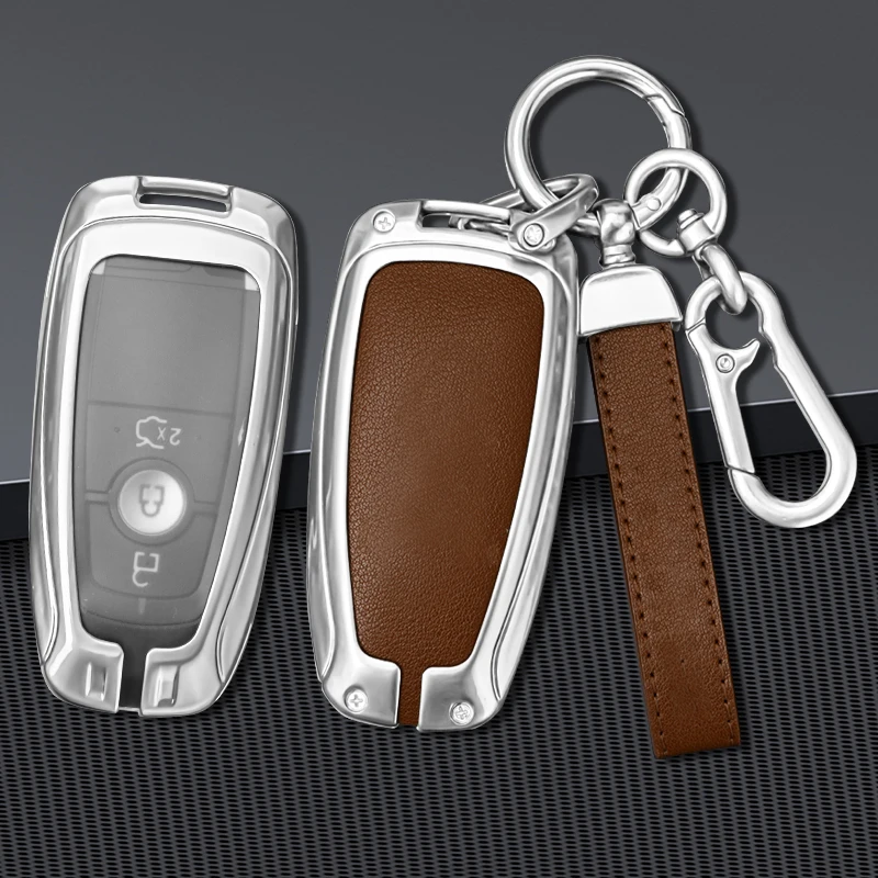 Metal Leather Car Key Fob Case Cover For Lincoln Aviator Navigator Ford Bronco Sport F150 Maverick Ecosport Kuga Edge Expedition