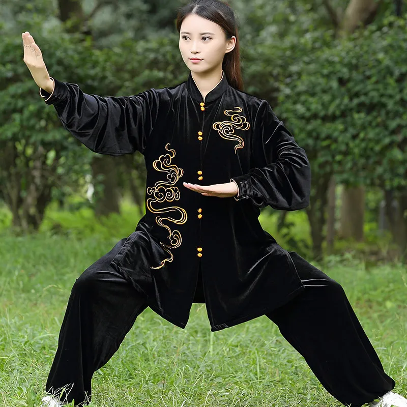 Thick Korean Velvet Tai Chi Suit – Colorful Cloud Embroidery Mid-Length Performance & Practice Uniform for Autumn Winter