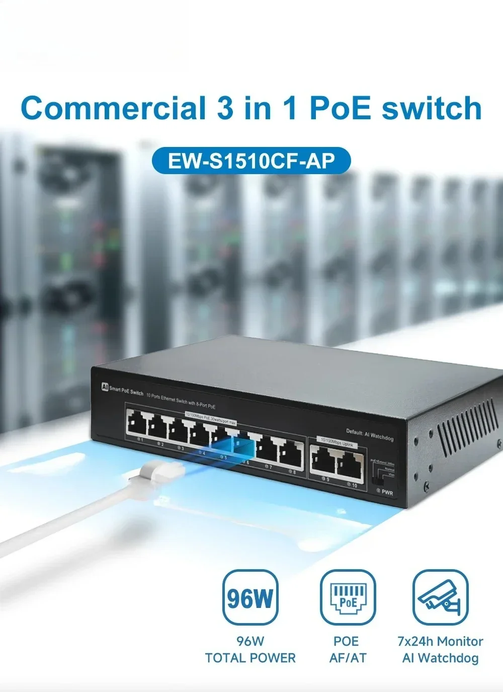 Monitor 8-port network switch Commercial 100Mbps PoE switch, self-healing + VLAN + 300m 3 in 1
