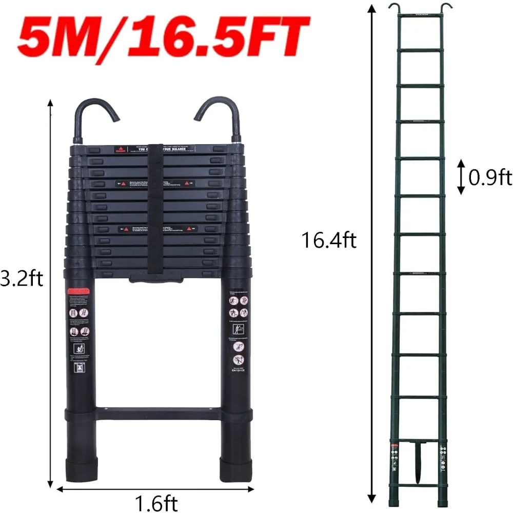 アルミ製伸縮はしご 16フィート 屋根フック付き、家庭用折りたたみ式、ロック機構付き、RV車に最適