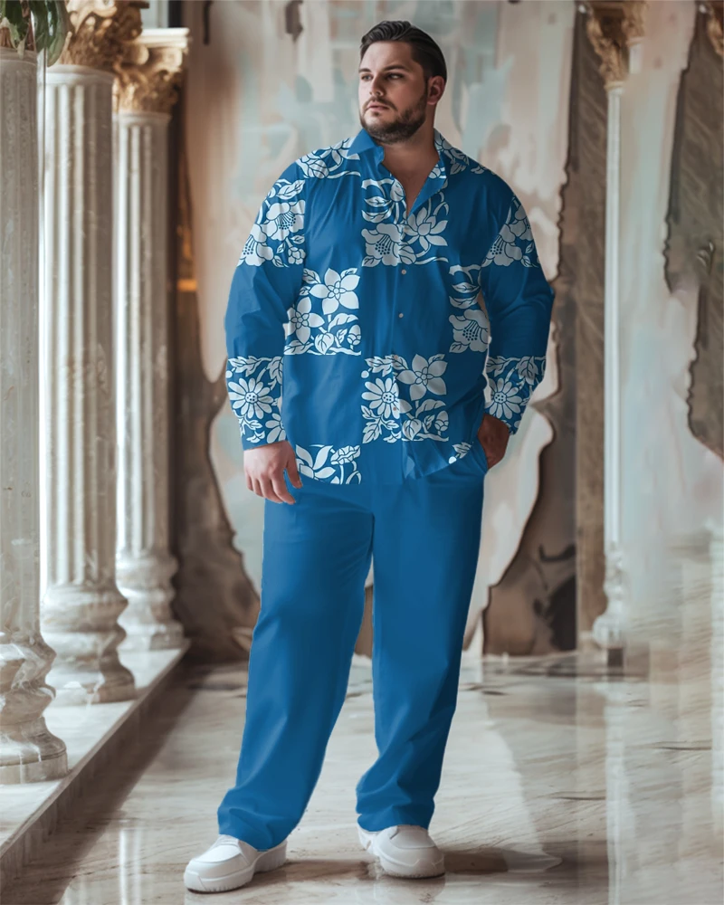 L-9XL Plus Size Men\'s Business Classical Vintage Traditional Floral Pattern Long Sleeve Shirt Straight Pants Suit ZOOY