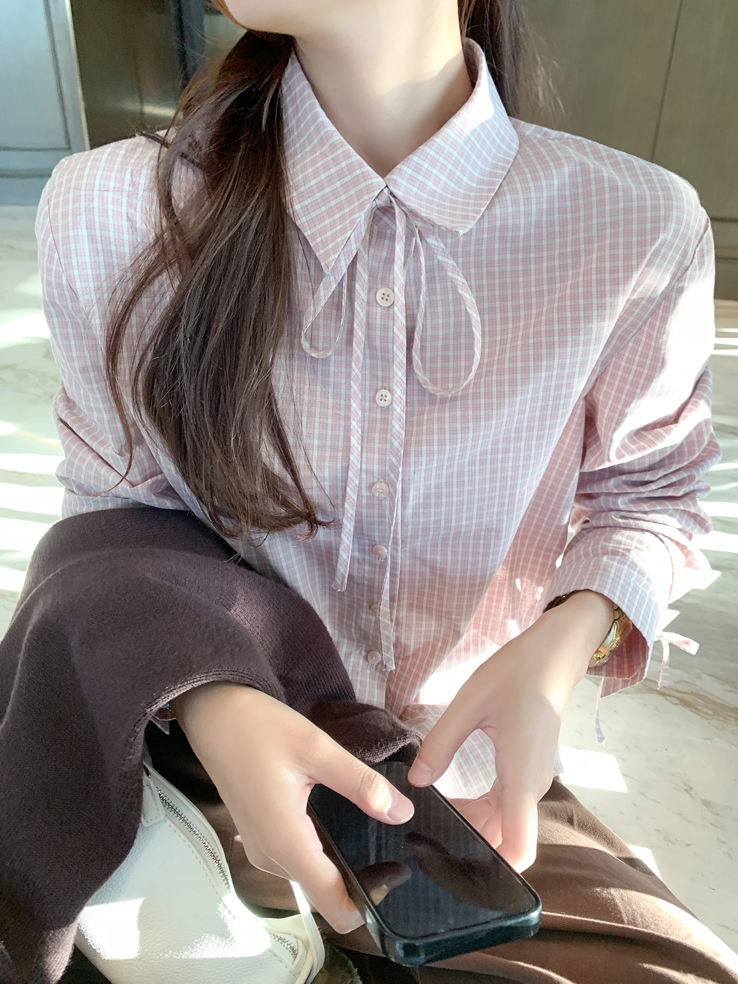 

Pink Plaid Loose Long Sve Women's irt Casual Sle Inner Wear Top by Zeng Xiaoxian Autumn Season Faion Korean Trend