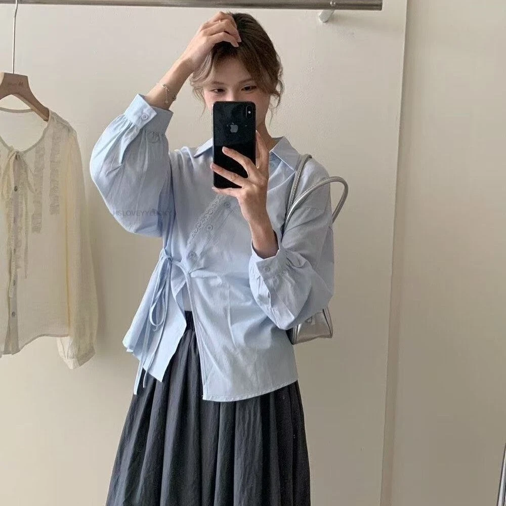 Spring Summer French Lace Patchwork V Neck Blouse For Women Irregular Bandage Long Sleeve Shirt Chinese Style Blouse Women Top