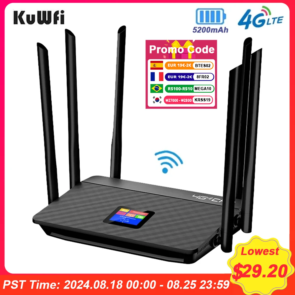 KuWfi 5200mAh 4G LTE Router 150Mbps Wireless CPE Router High Gain External Antennas with Sim Card Slot RJ45 Port LCD Display