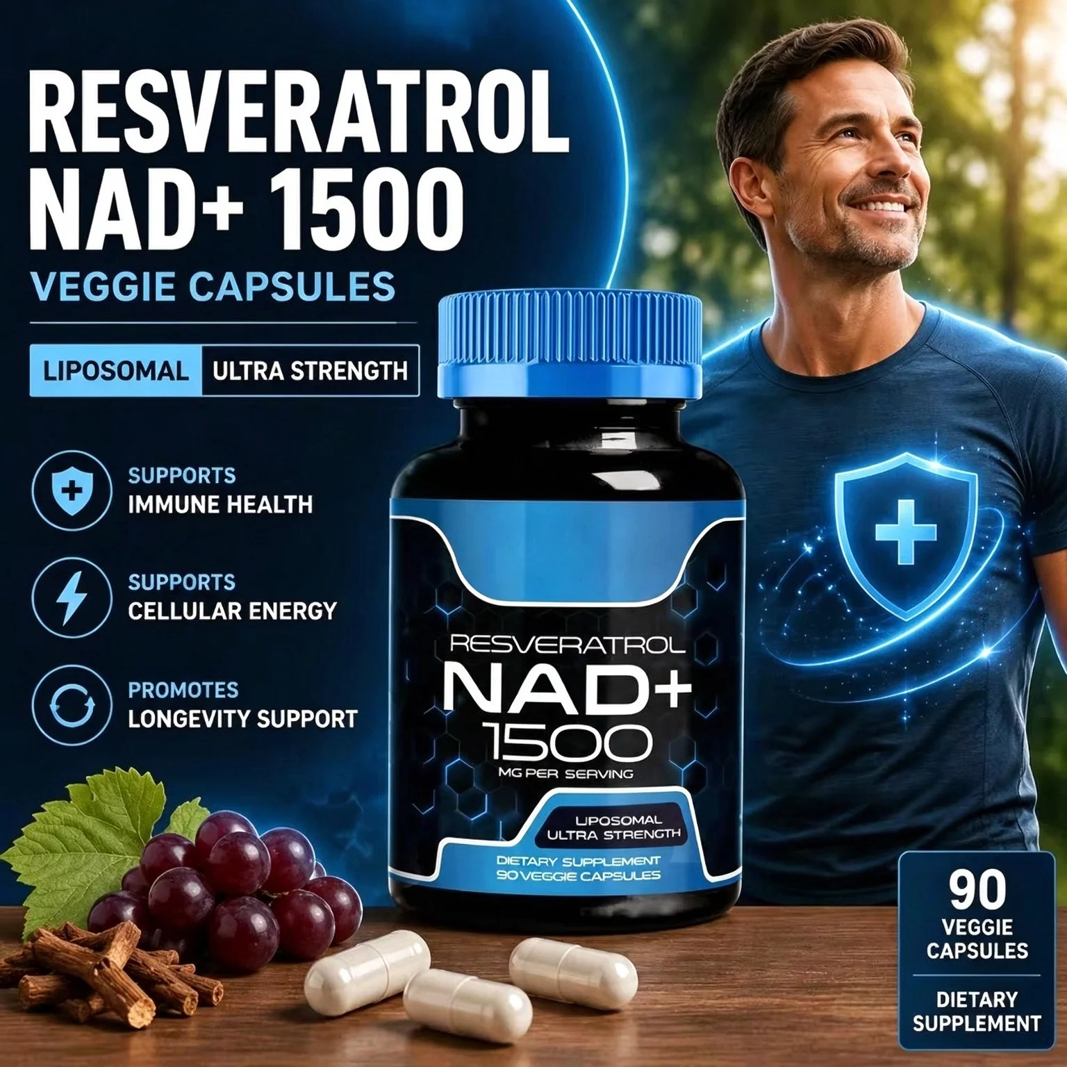 NAD+ Capsules Resveratrol Supplement NAD Resveratrol Liposomal High Absorption Vegetarian Capsules for Energy Immune 90 Counts
