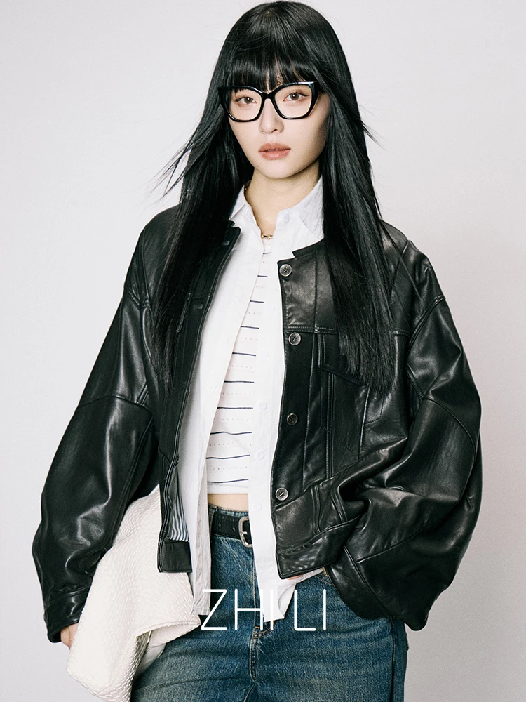 Casual Echtes Leder Jacken Frauen Frühling Herbst High-end-Einfache Stehkragen Einreiher Weiche Schwarz Echt Schaffell Mantel