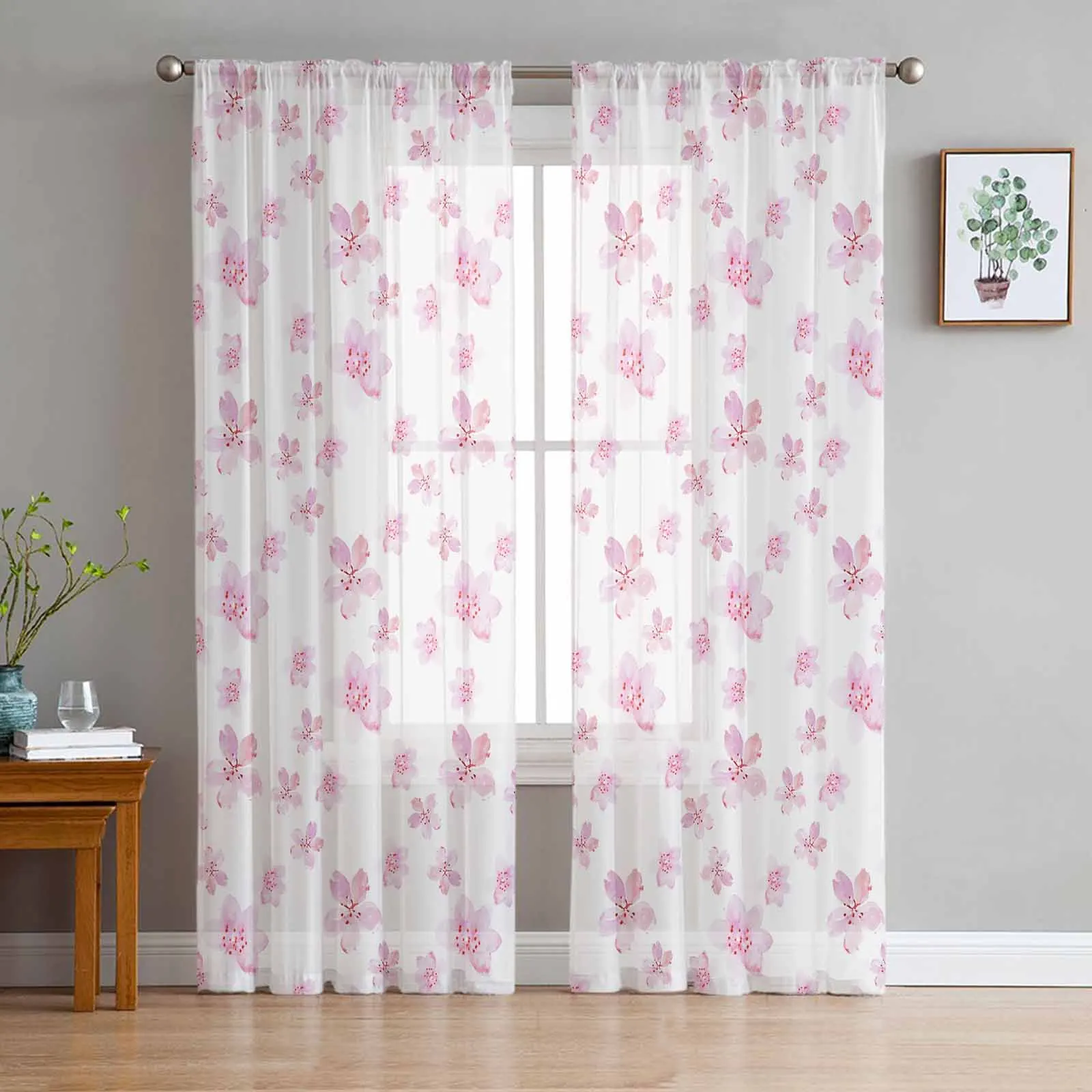 

Pink Watercolor Cherry Blossom Tulle Curtains for Living Room Bedroom Modern Chiffon Sheer Voile Kitchen Window Curtain