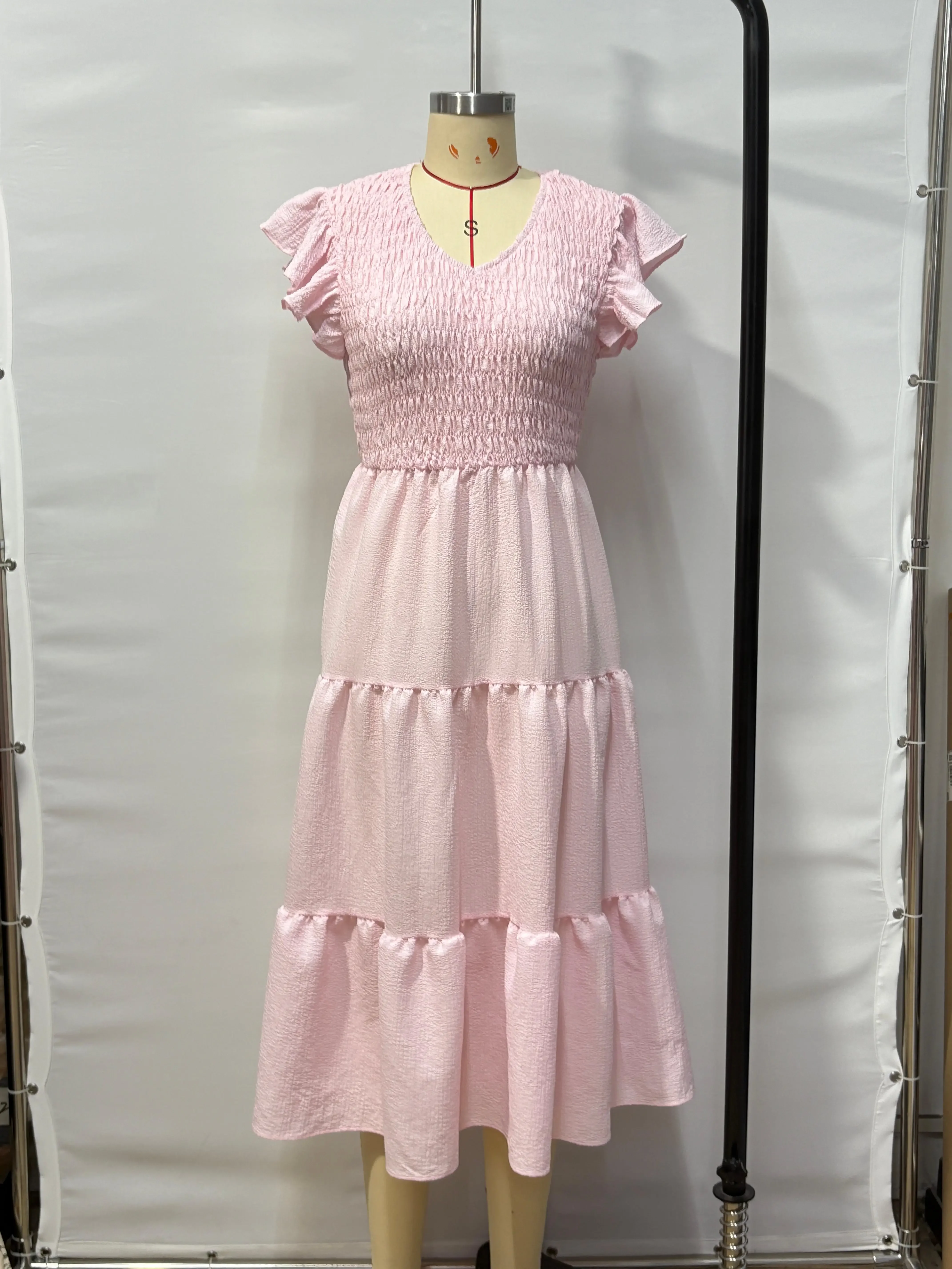 2025 novo verão vestidos com decote em v para mulheres sólido manga curta vestido feminino elegante a linha vestido feminino vestidos de verano mujer q277