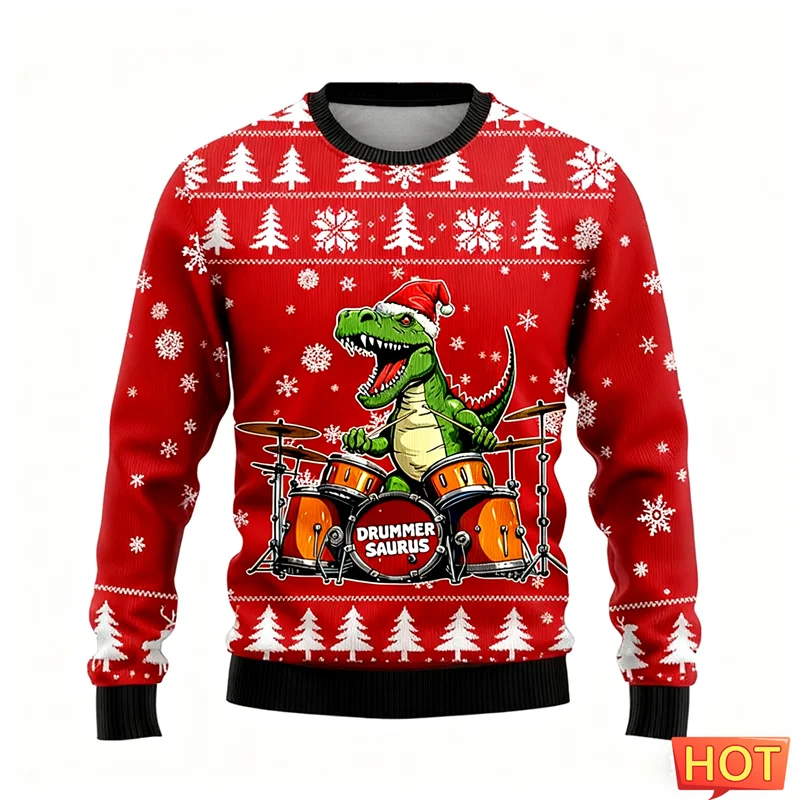 2026 جديد مضحك T-rex الجرافيك القبيح عيد الميلاد سترة العصرية الشارع الشهير ثلاثية الأبعاد مطبوعة عيد الميلاد بلوزات كول المتضخم رجالي البلوفرات #4