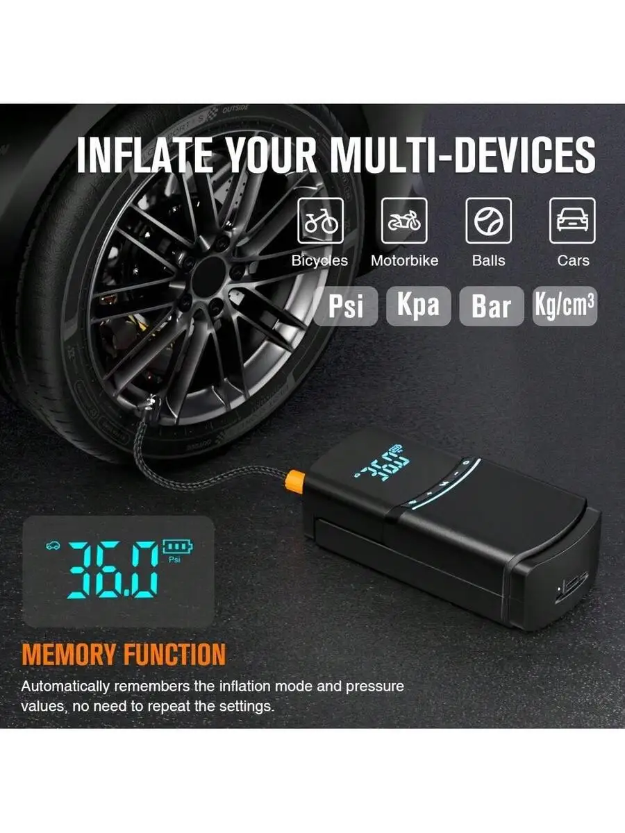 PAIIVIROKU 3-In-1 Cordless Air Compressor, Portable Power Bank, LED Light, Portable Wireless Car Air Pump For Inflating Car,