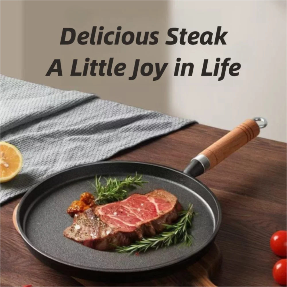 

20/23/26cm Cast Iron Frying Pan Non-Stick Uncoated Egg Pancake Pan Wooden Handle Kitchen Cookware Steak Cooking Pot