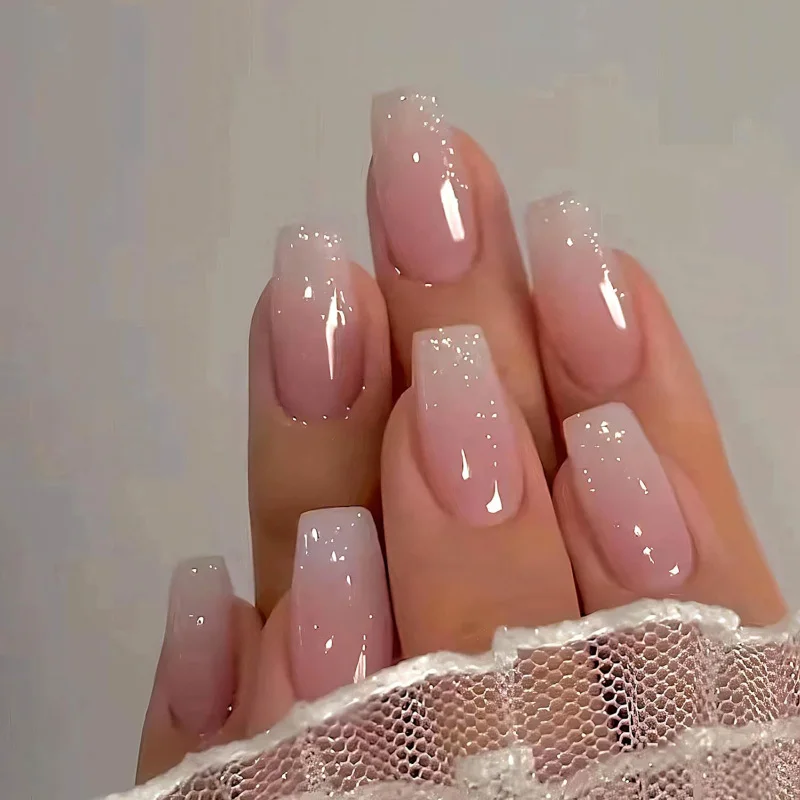 24 pçs unhas falsas casuais rosa gradiente glitter unhas cor romântica removível cobertura completa imprensa em unhas produtos de unhas femininas