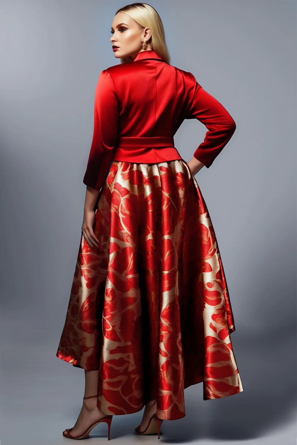 Plus Size Mother Of The Bride Red Floral V Neck Long Sleeve Contrast Satin Two Piece Dress Set