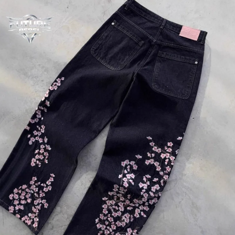Unisex Jeans Harajuku European American Streetwear Embroidered Denim Pants Vintage Floral Loose Fit Straight Wide Leg Casual New