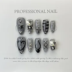 10 pcs Luxury Handmade Press on Nails Almond Shape Black Cat Design False Nails with 4-PIECE Tool Adhesive Nail Glue Tabs