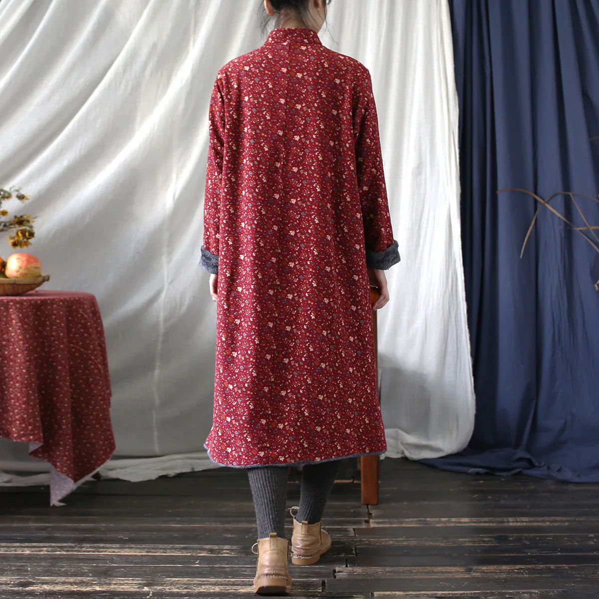 Women Country-style Floral Print Thicken Winter Long Sleeves Cheongsam Vintage Fleece Improved Dress Medium-length Chinese Qipao