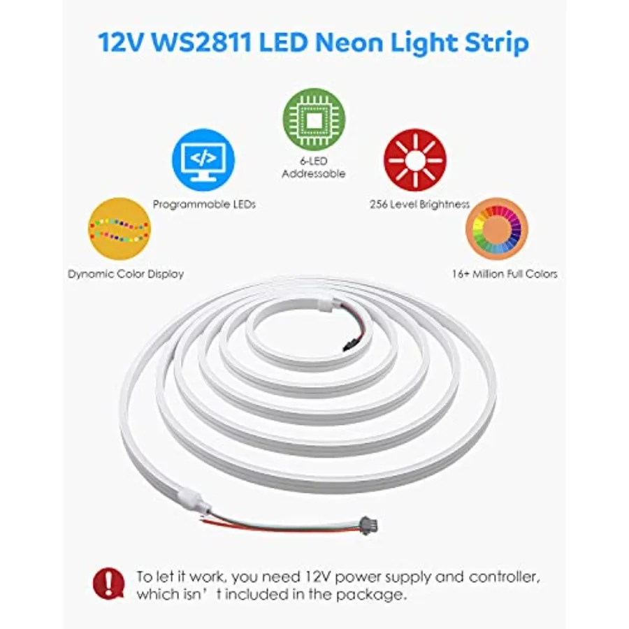 16.4FT LED Neon Rope Lights Addressable LED Strip Neon Sign Flexible Pixels Light RGB Dream Color Rainbow WS2811 DC12V 5M Water