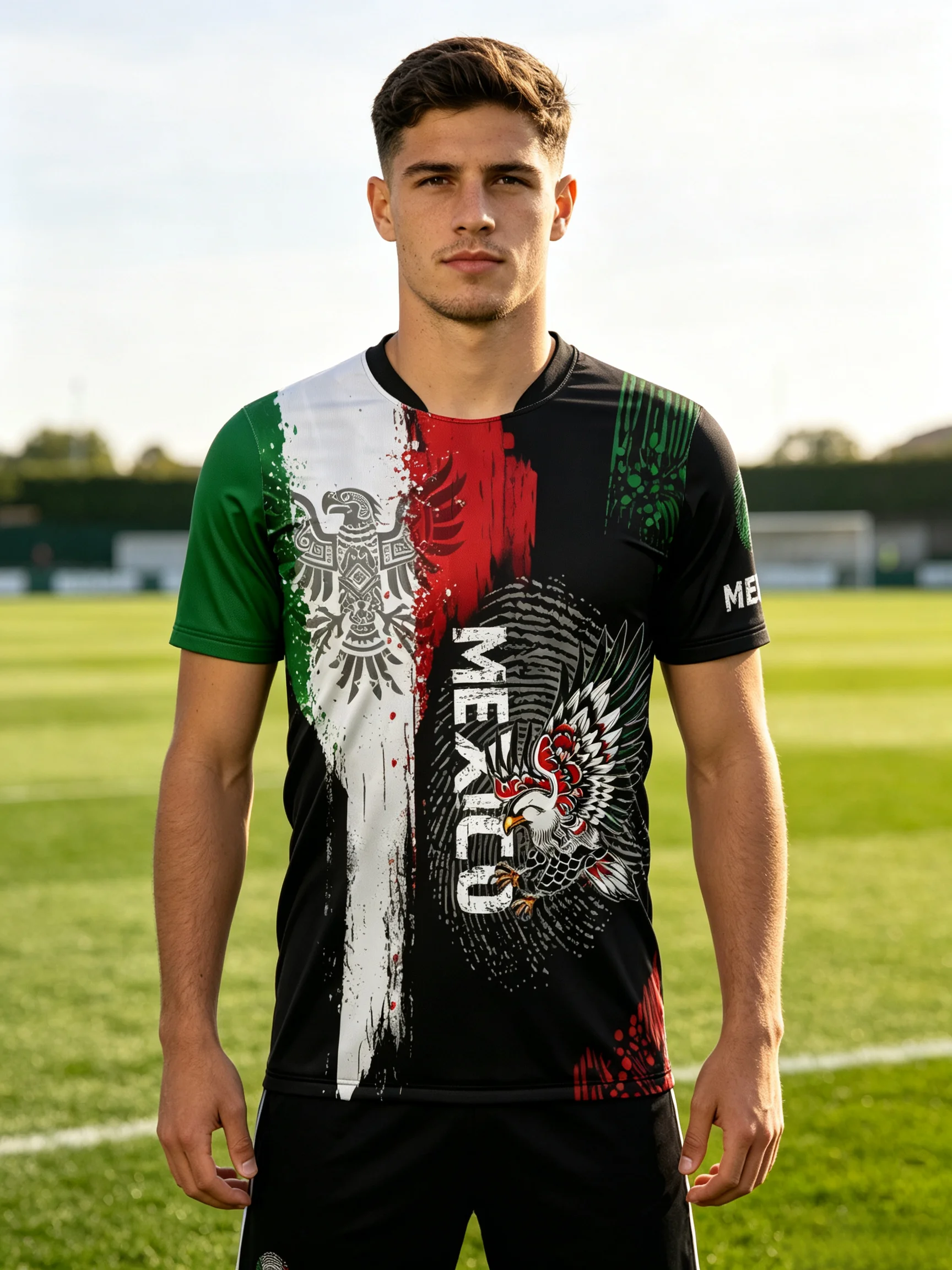 Vintage eagle‑totem Mexico football jersey with torn brush‑stroke design, mesh breathable fabric to show national‑fan pride