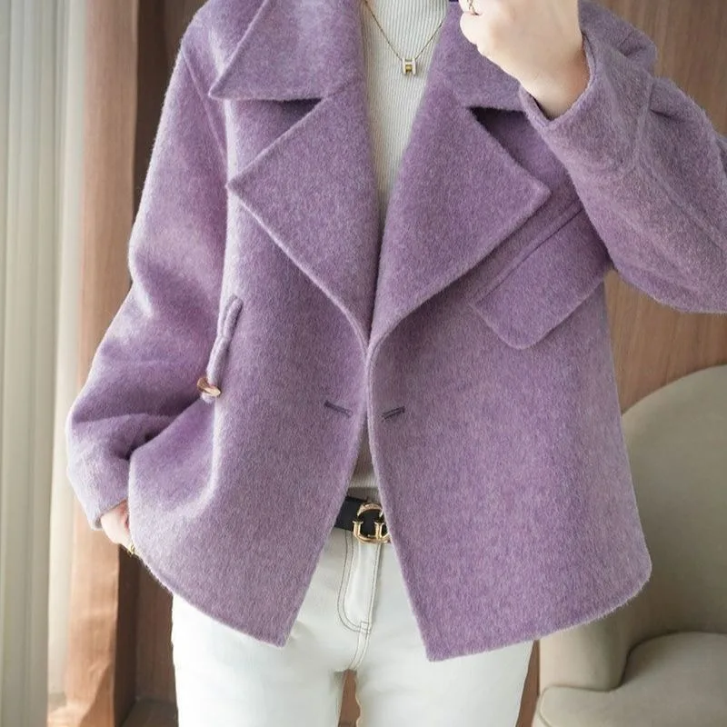 WOMen's Wool Suede Suit Short Jacket Fashionable New Style Double-Sided Wool Coat Autumn/Winter Short-Sleeved Elegant Purple