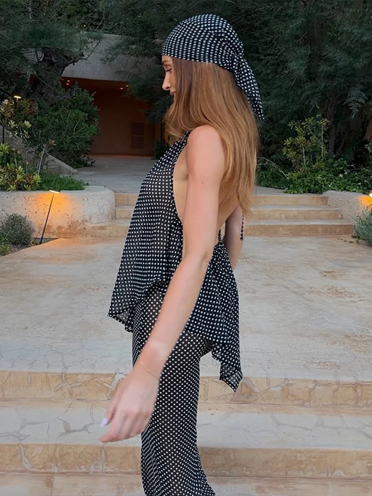 Gestreiftes Neckholder-Top und Hose, 2-teiliges Set für Damen, Sexy Ärmelloses Oberteil mit Unregelmäßigem Saum, Weite Hosen, Schicke Damenoutfits, Neu – Detail 28