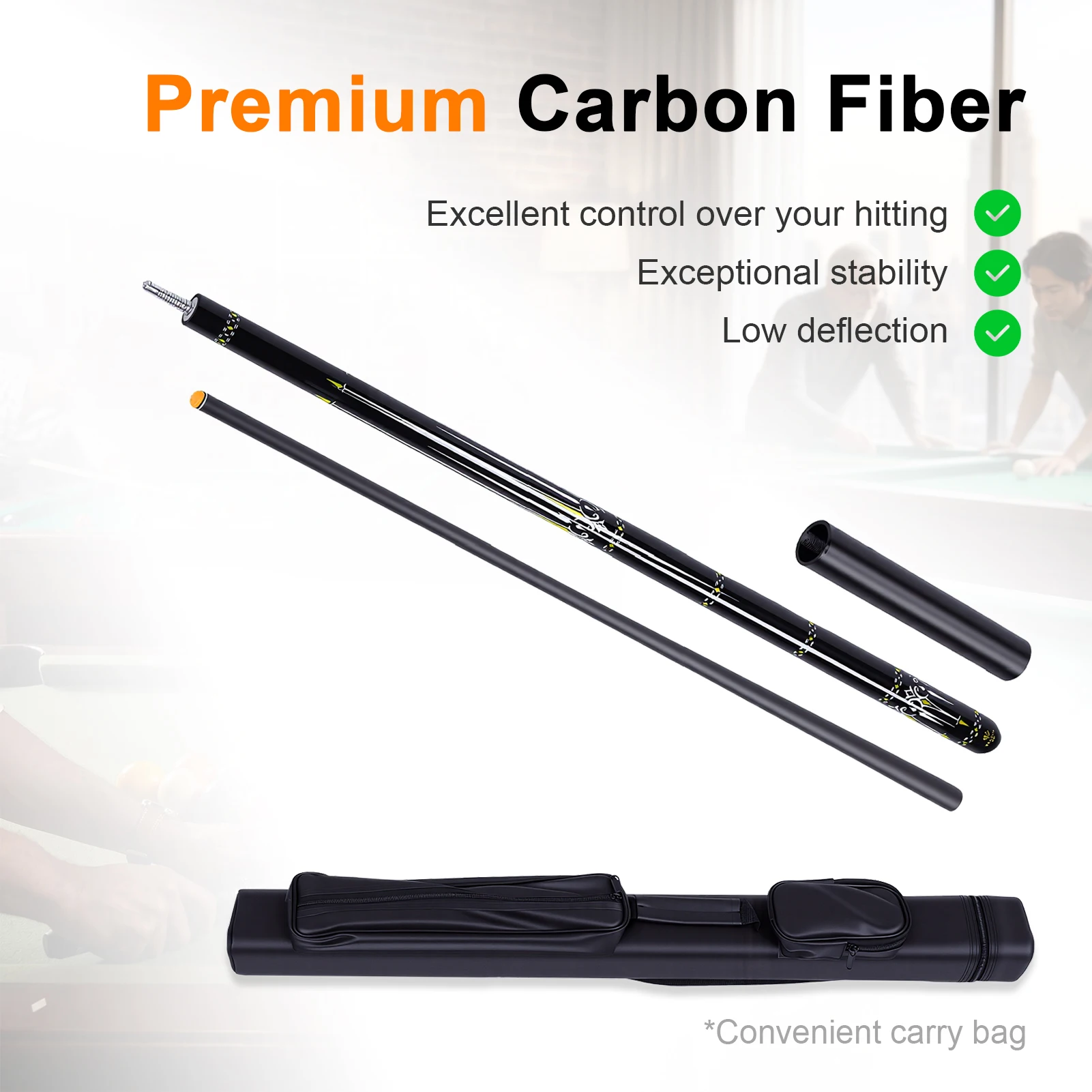Luxury Carbon Fiber Pool Cue Stick with 16 Inch Taper 12.5mm Tip Extension Cue Storage Case and Chalk Professional Billiard Cue