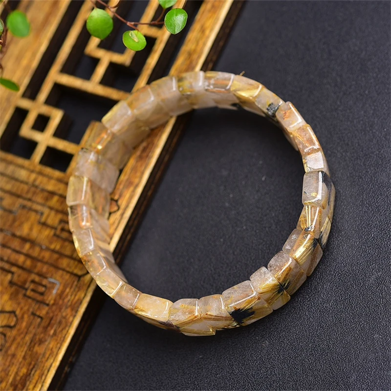 Natural Gold Rutilated Quartz Bangle For Women Fashion Summer Dopamine Charm Jewelry Accessories 1PCS 8x16mm