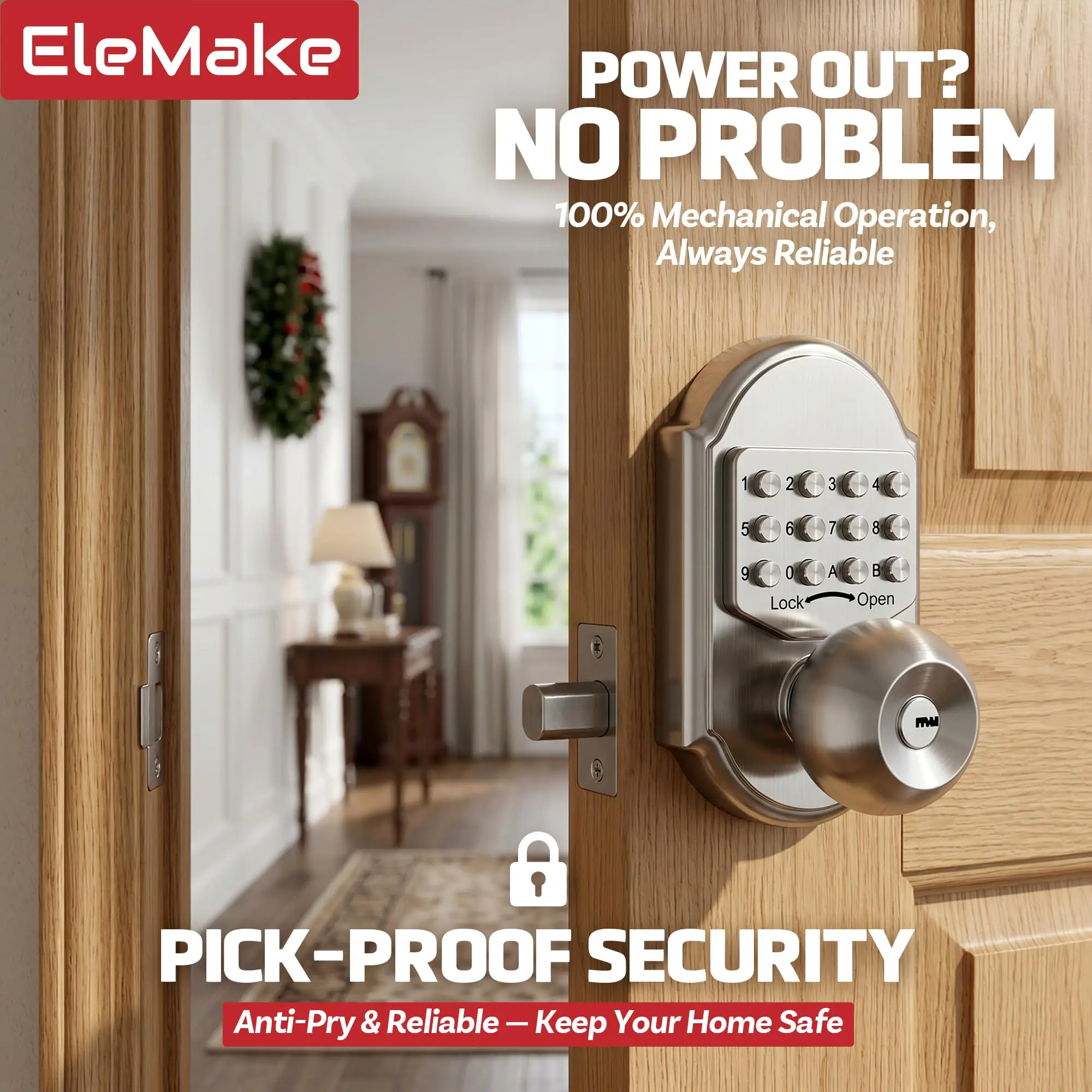 Bravex Mechanical Keypad Deadbolt Door Lock 304 Stainless Steel Keyless Entry Sabbath Shabbos Lock No Battery Low Power Risk