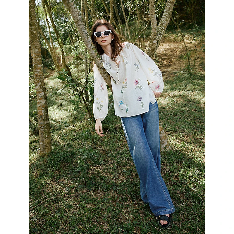 TOYOUTH Women Blouse Shirt 2025 Spring New Linen Floral Printed Velvet Casual Pullover Tops
