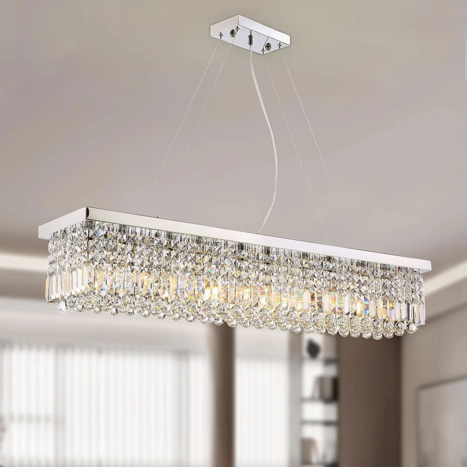 

US Modern Rectangular Crystal Chandelier, 47" Rectangle Raindrop Hanging Ceiling Pendant Light Fixture Adjustable Height for