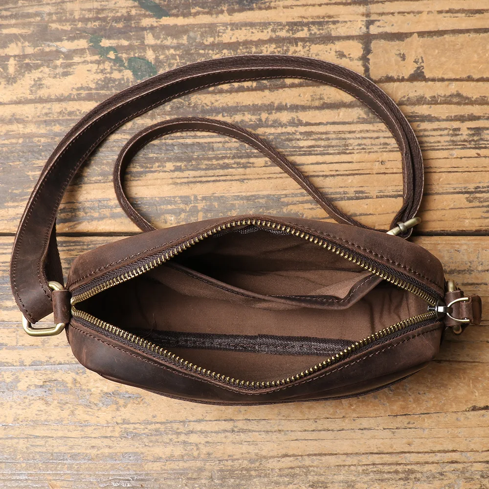 Vintage Crazy Horse Leather Men's Shoulder Bag Cowhide Crossbody Small Backpack Genuine Leather Messenger Bag Phone Bag